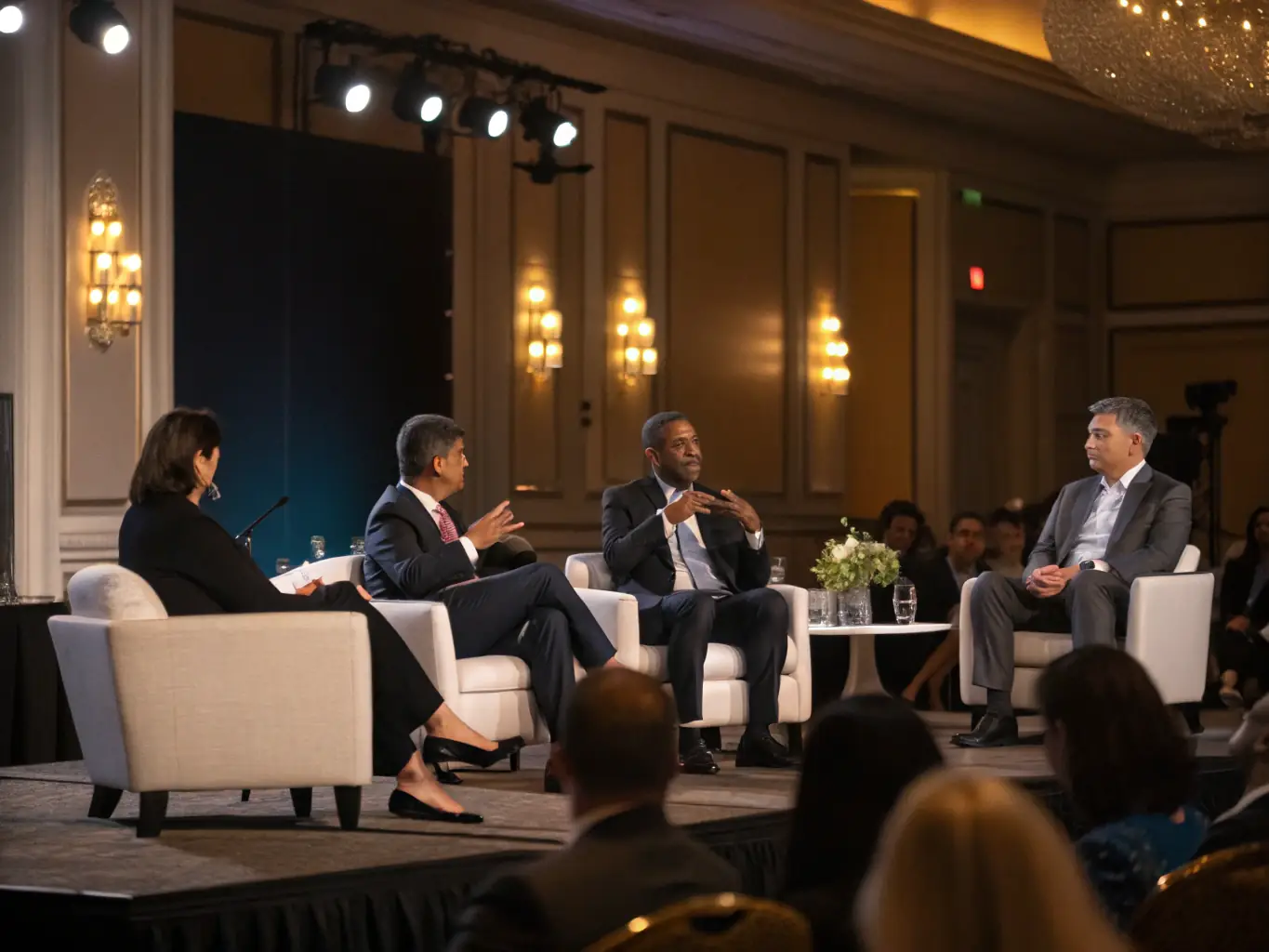 A vibrant image of the Entrepreneurship and Innovation Summit in Cape Town, featuring a diverse group of attendees engaged in a panel discussion.