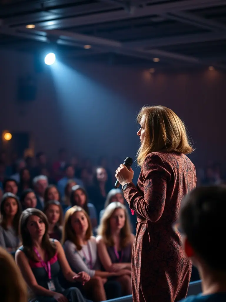 A dynamic photo of a keynote speaker addressing a large audience at an entrepreneurship conference in Durban, South Africa, highlighting the knowledge-sharing aspect of the event.