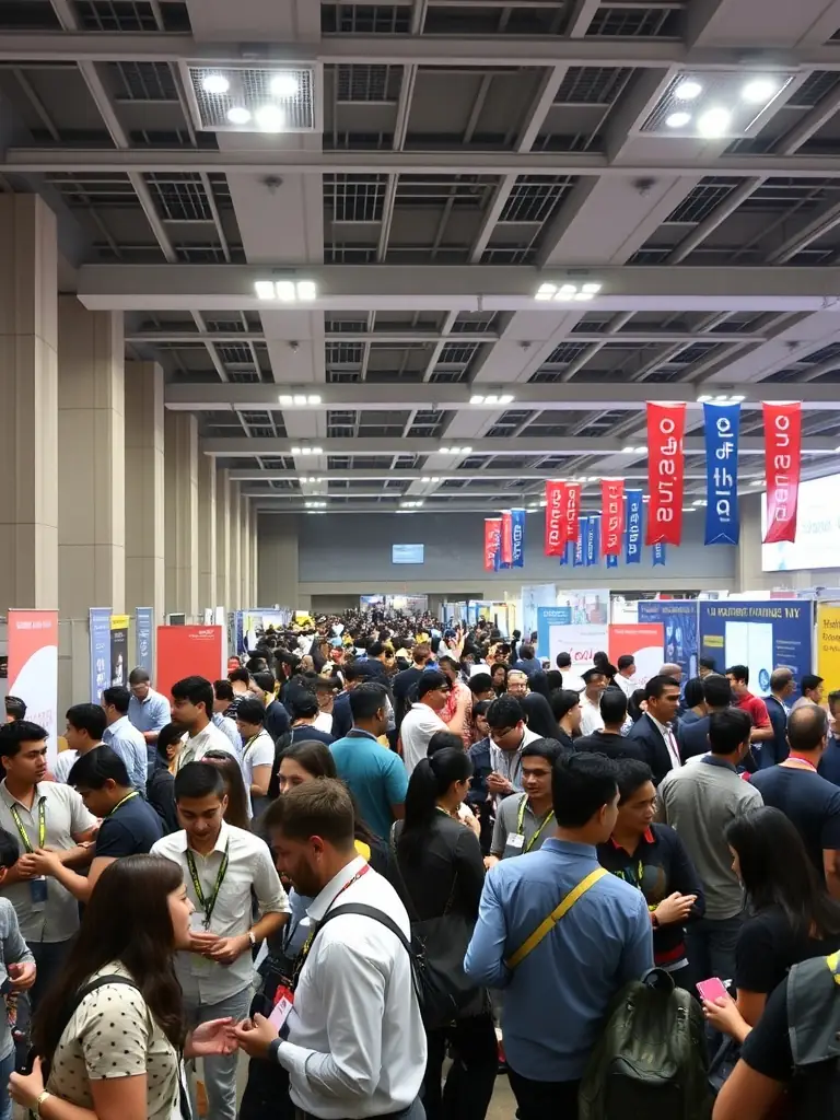 A panoramic view of an exhibition hall at a conference in Johannesburg, South Africa, showcasing various startups and their innovative products and services.