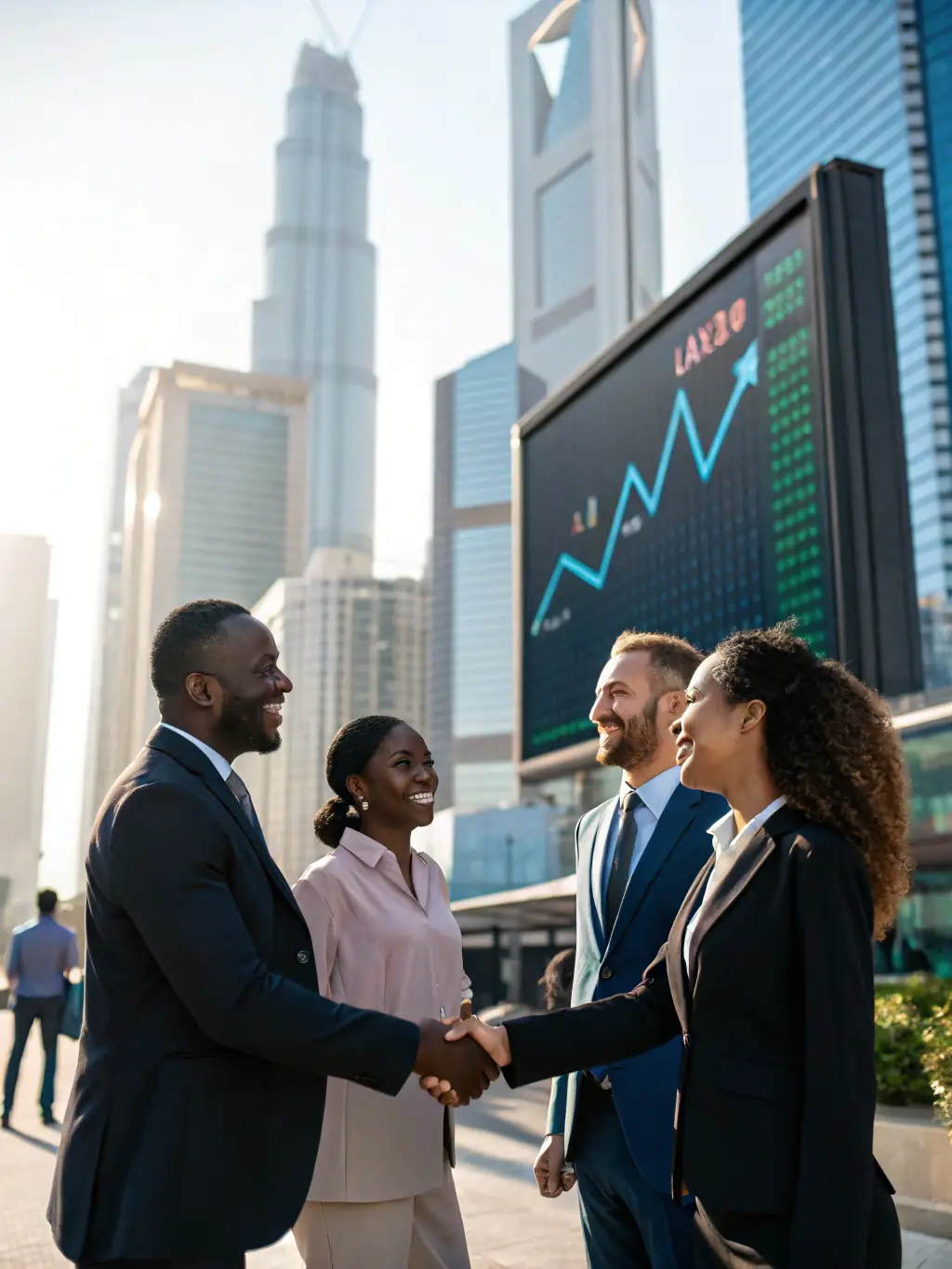 A vibrant image of entrepreneurs networking at a conference in Johannesburg, South Africa, with the Sandton skyline in the background, capturing the energy and collaboration of the event.